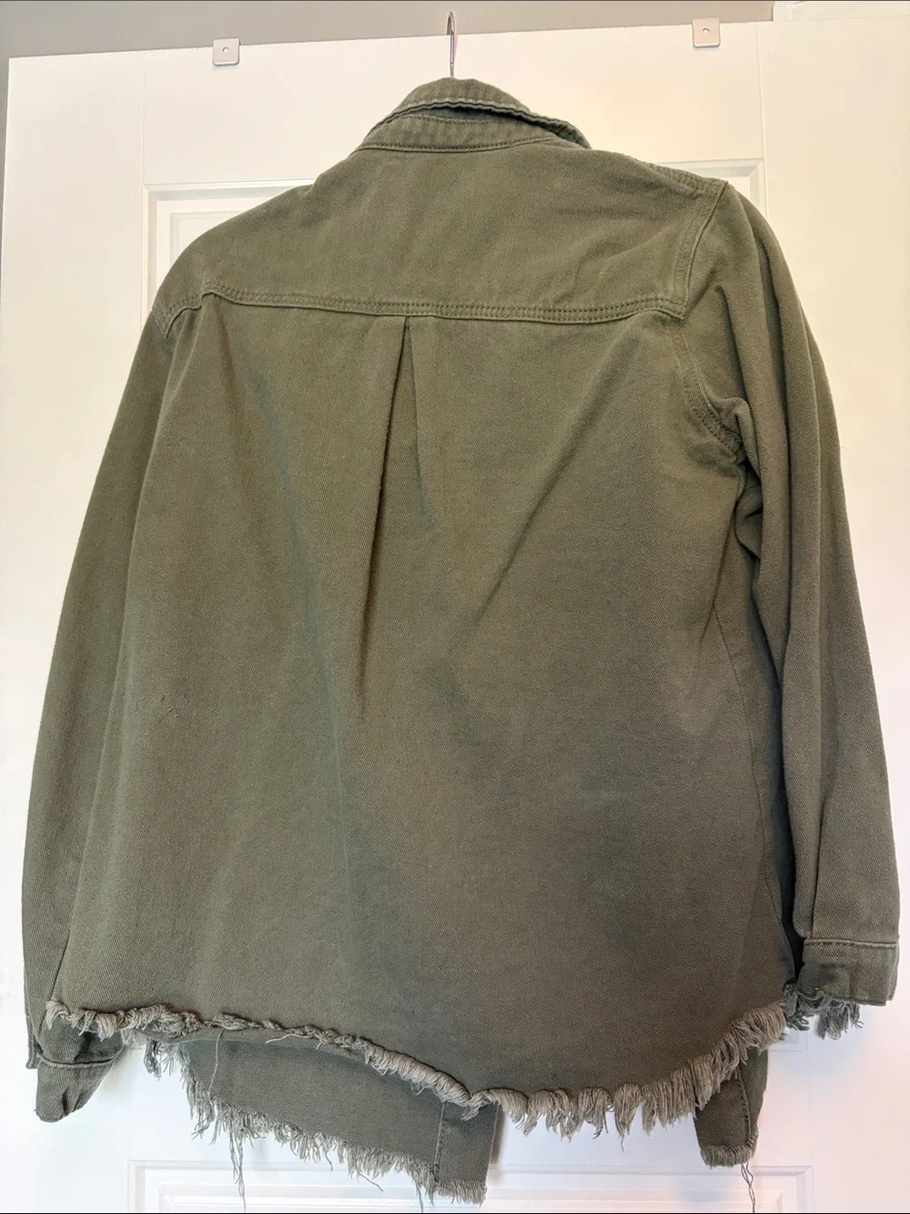 Olive Green Fringe-Hem Utility Jacket
